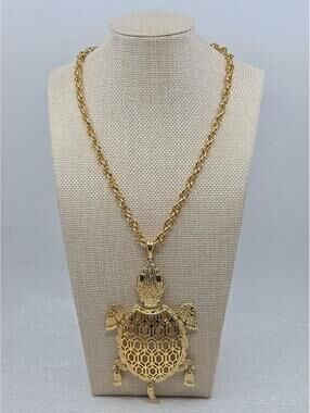 Vintage 1960's-70's Necklace Turtle Pendant 4.5" Filigree Reticulated 18" Chain